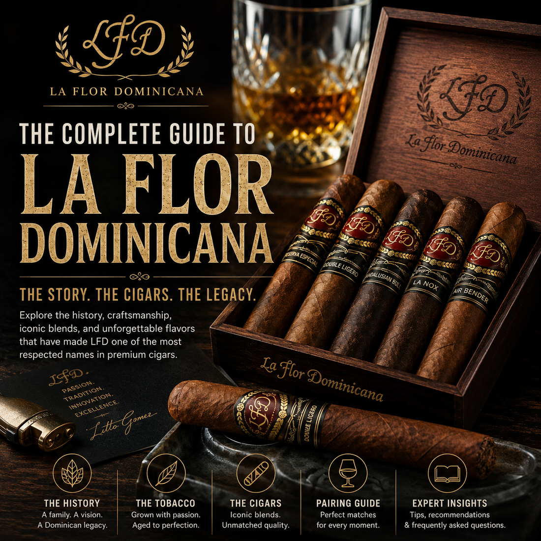 The Complete Guide to La Flor Dominicana premium cigars by Entre Humos featuring iconic LFD cigars.