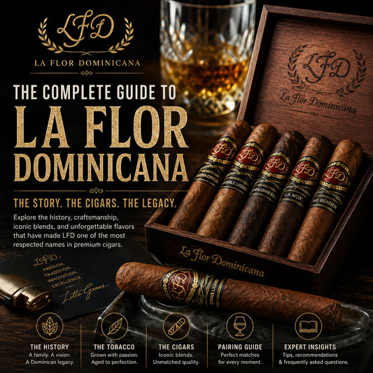 The Complete Guide to La Flor Dominicana premium cigars by Entre Humos featuring iconic LFD cigars.