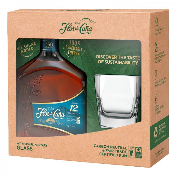 Flor de Caña 12 Años Gift Set con Vaso 750ml